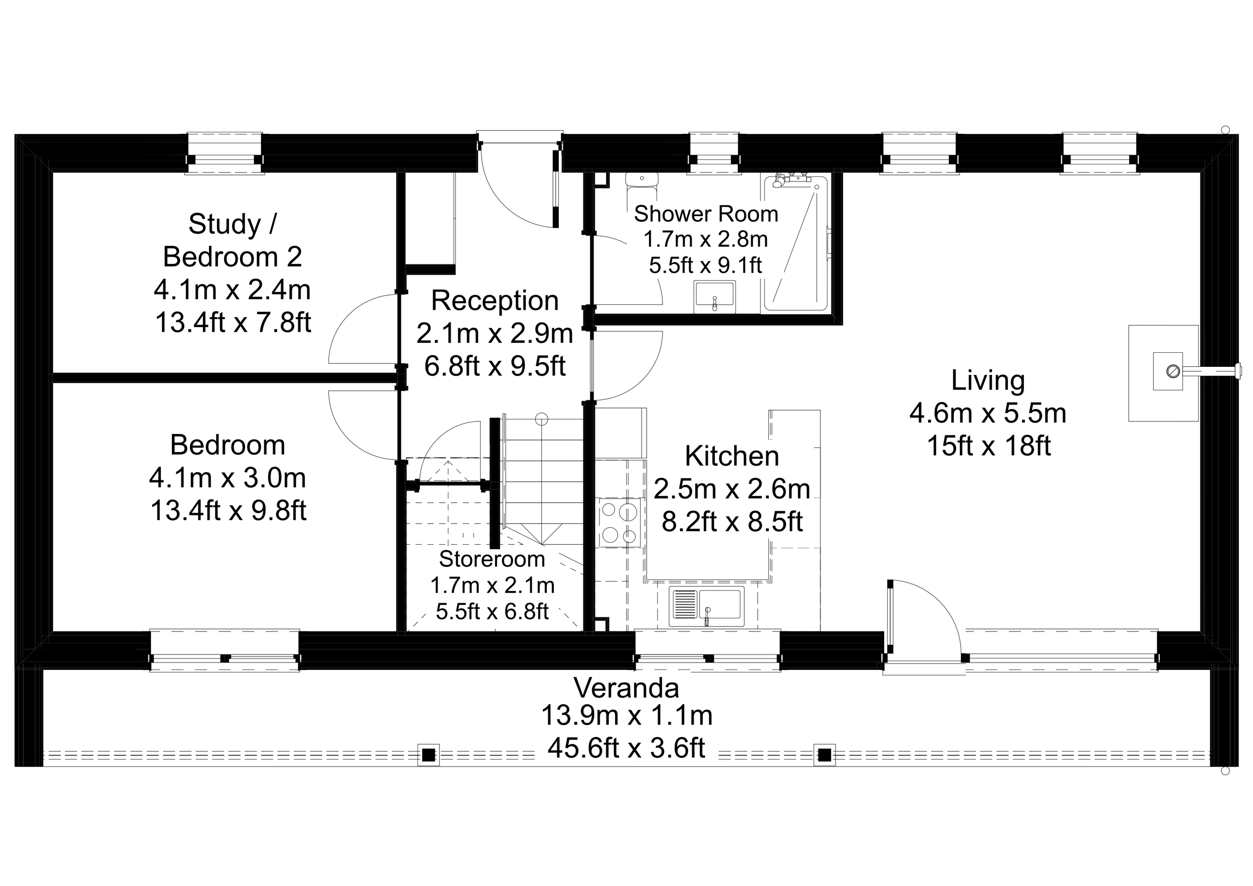 Floor plan of a eco-house with rooms labeled Study/Bedroom 2, Bedroom, Reception, Shower Room, Living, Kitchen, Storeroom, and Veranda, with dimensions in meters and feet.