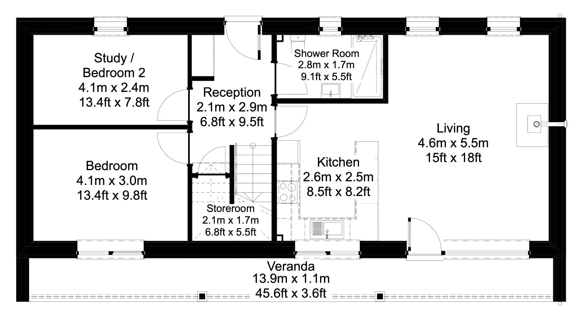 Floor plan of a eco-house with rooms labeled Study/Bedroom 2, Bedroom, Reception, Shower Room, Living, Kitchen, Storeroom, and Veranda, with dimensions in meters and feet.