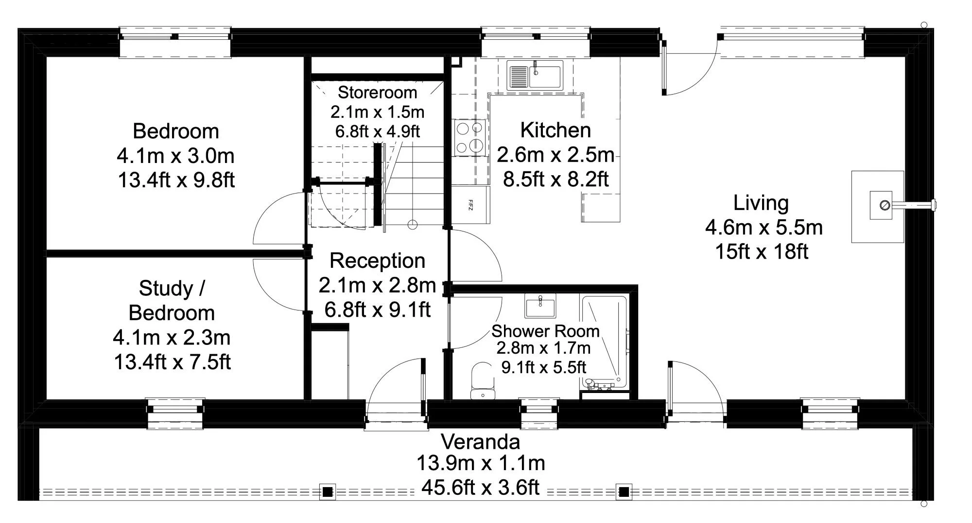 Floor plan of an eco-house with labeled rooms including a bedroom, study/bedroom, reception, verandah, shower room, kitchen, living room, storeroom, with interior doors and windows.