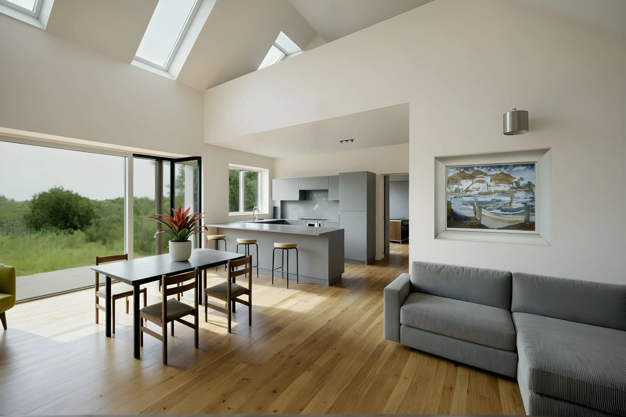 Modern open-concept living space with large windows, a dining table with four chairs, a gray sofa, a kitchen with bar stools, and a landscape painting on the wall.