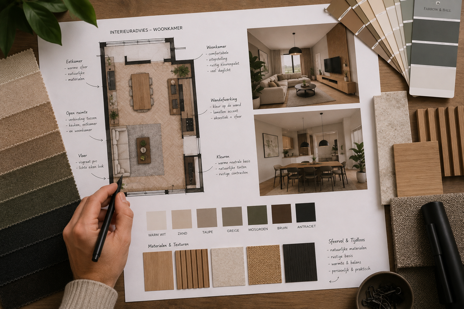 Een overzicht van een interieur advies met kleuren, materialen en foto's van de ruimte.