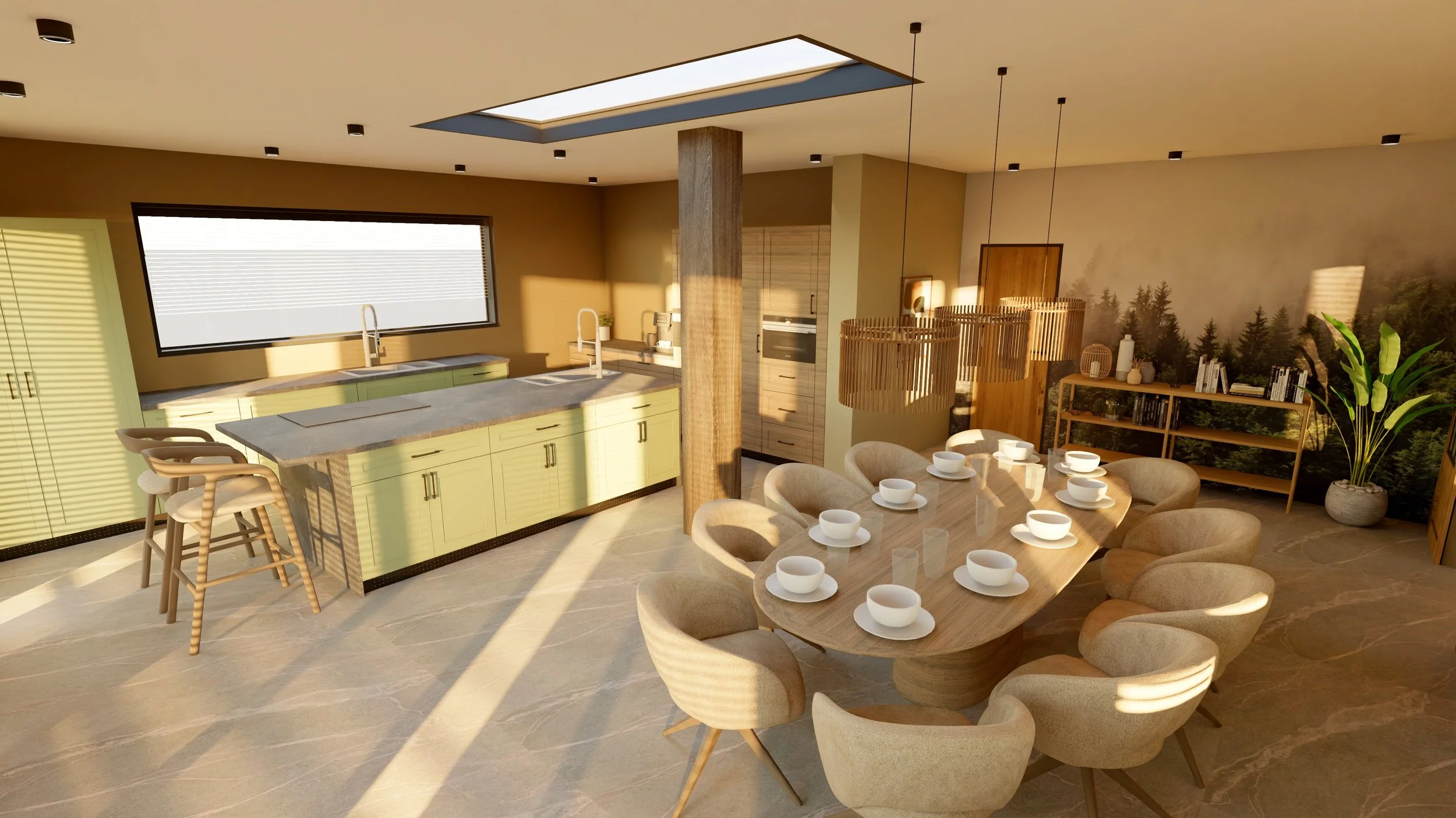 Interieur van een moderne interieur winkel / studio met grote ramen, lichtkleurige vloer, kleurrijke decoraties, planten, en mensen die ontspannen.