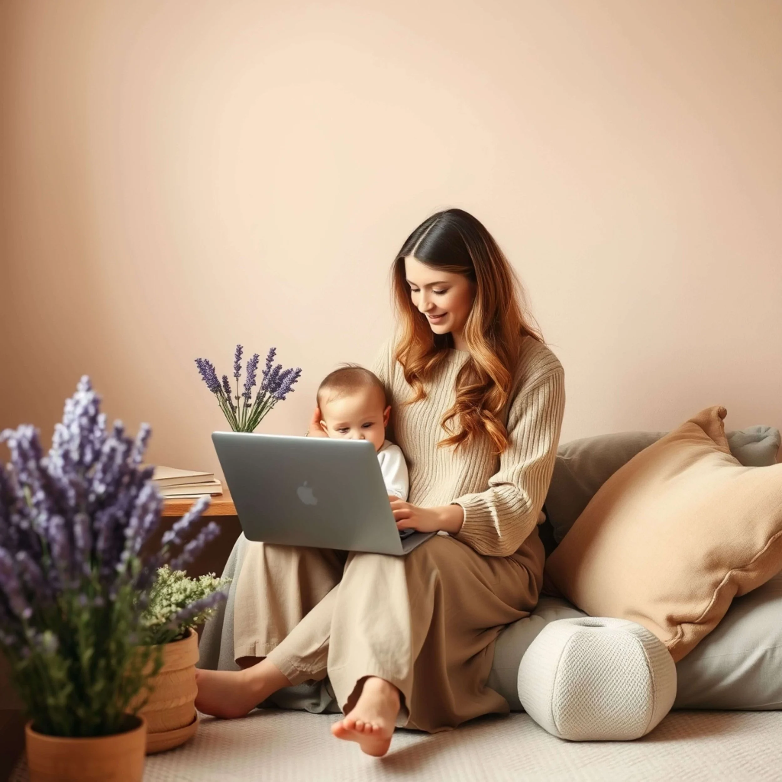 lady with baby and pillow by pots of lavendar