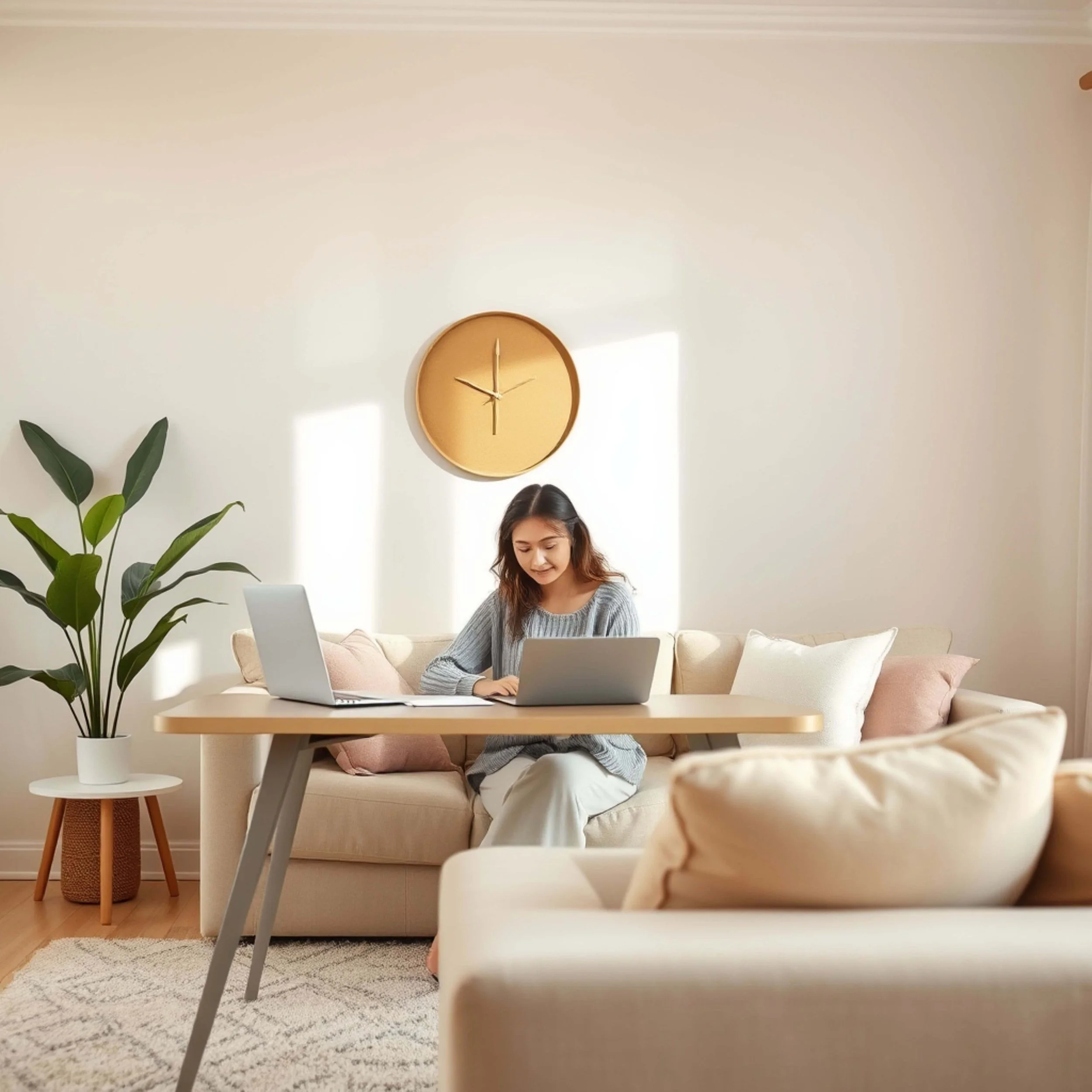 woman on soft couch with gold clock behind her and plant beside her