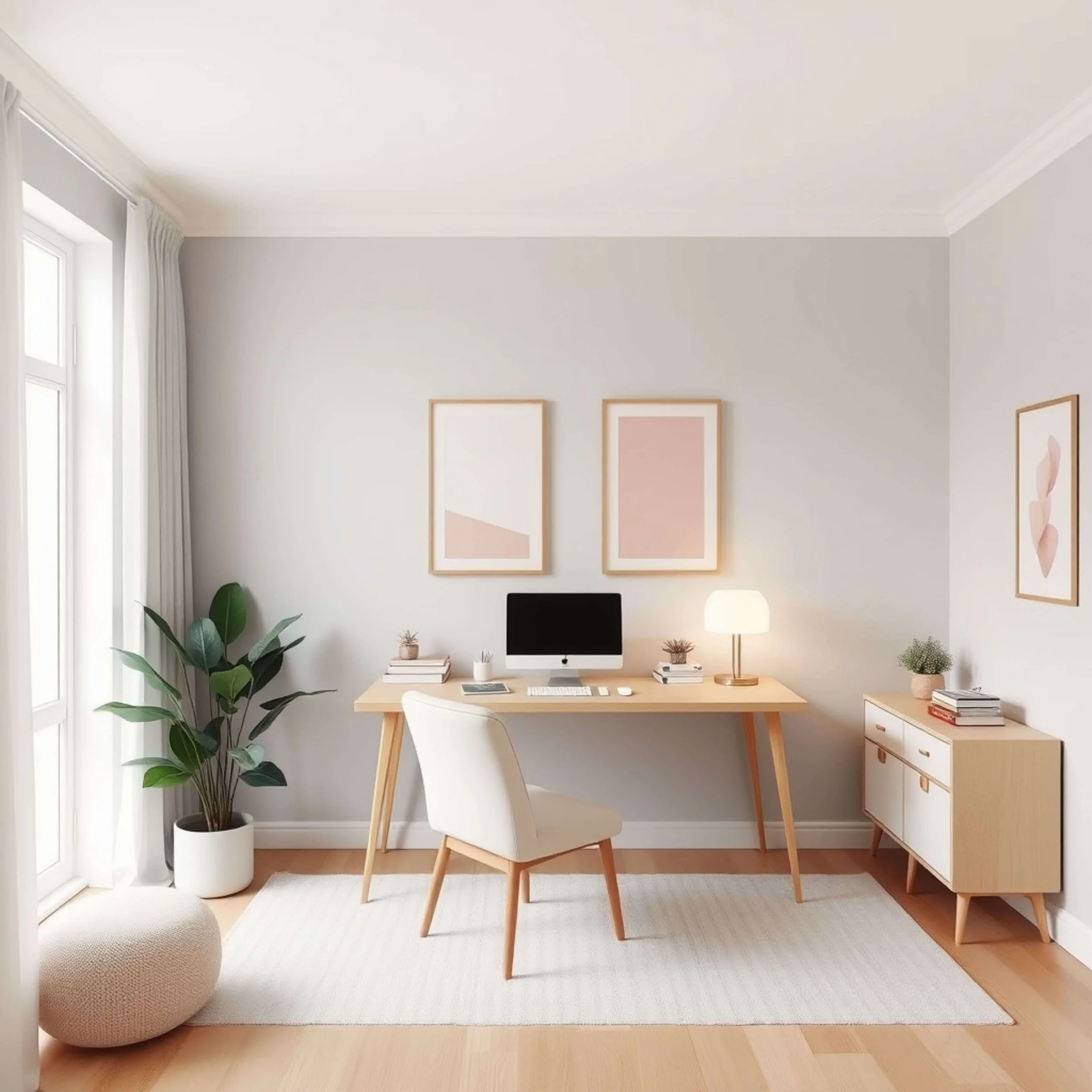 white chair at desk with pink art and lamp