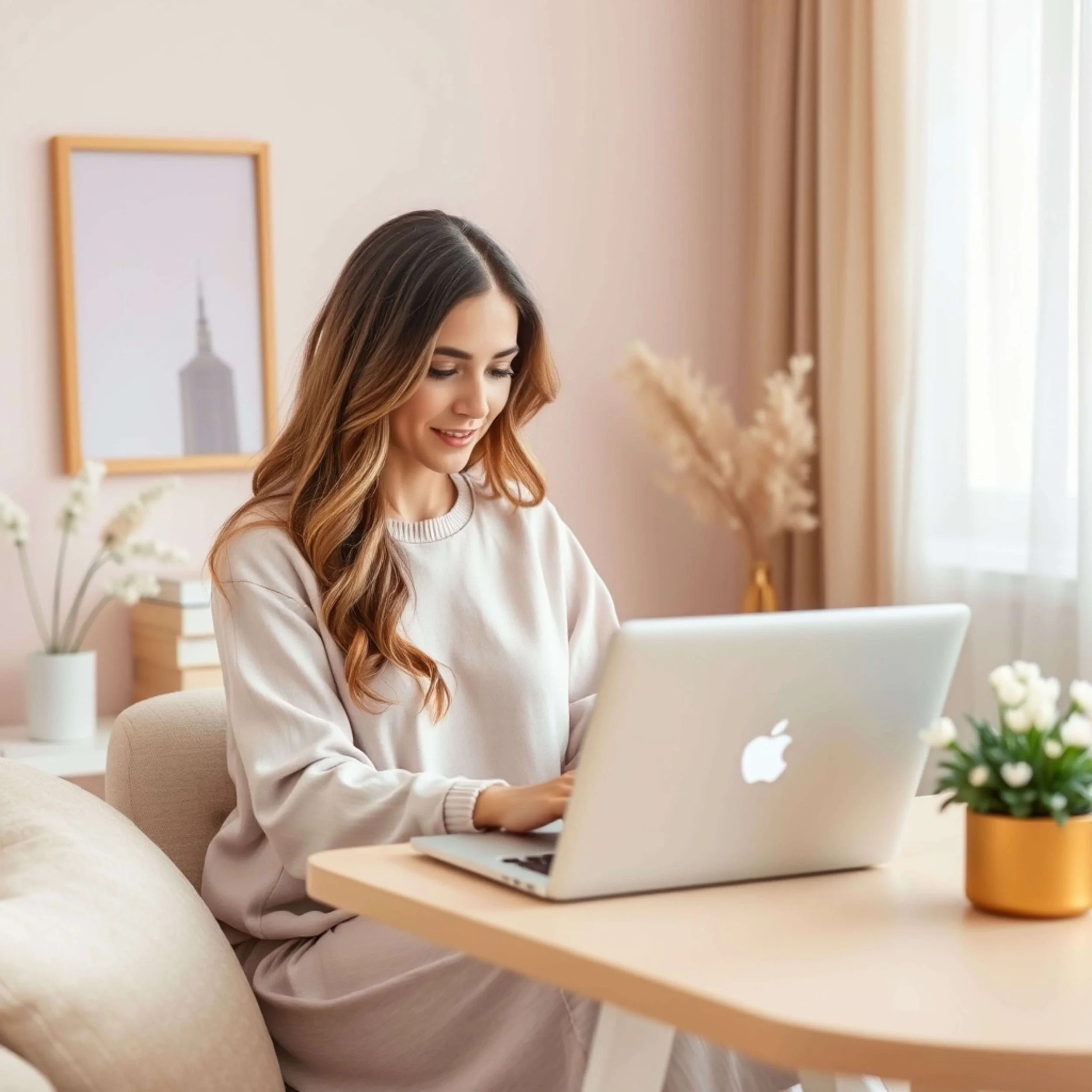 pretty lady smiling at office desk with computer