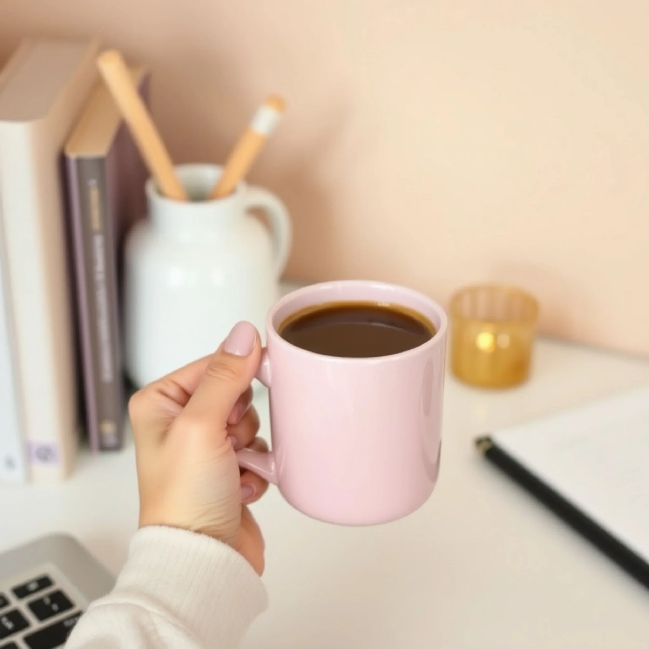 Michelle Croyle, LPC website picture of coffee in a pink mug being held by a woman's hand at at a desk