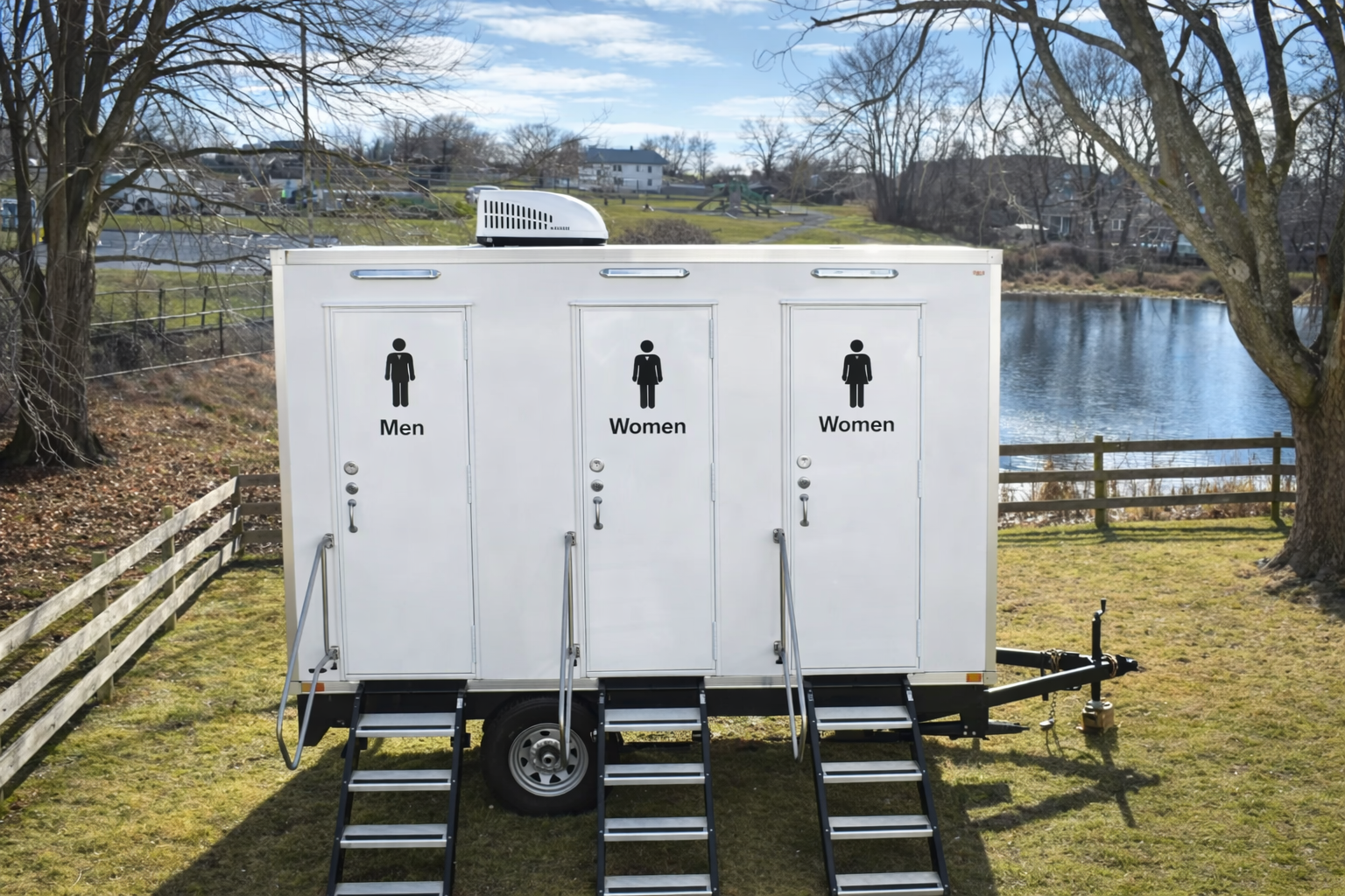 Lang luxury restroom trailer 3-stall accommodates 225 guests with private stalls for luxury weddings and private events. 