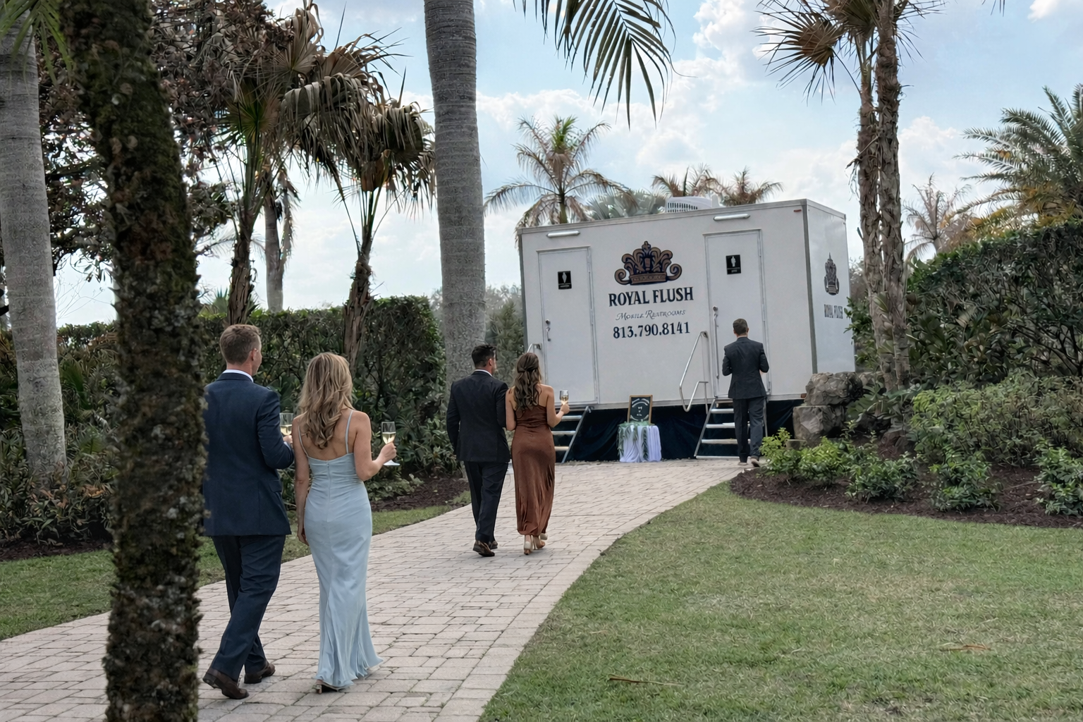 Upscale climate controlled for outdoor wedding restroom trailer rental in Lakeland  Florida. 1.26.2026