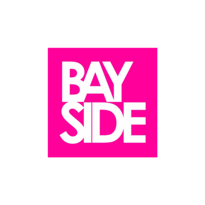 Pink square background with the words "BAYSIDE" in bold white letters.