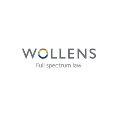 WOLLENS Full spectrum law logo with a rainbow-colored 'O' on a white background.