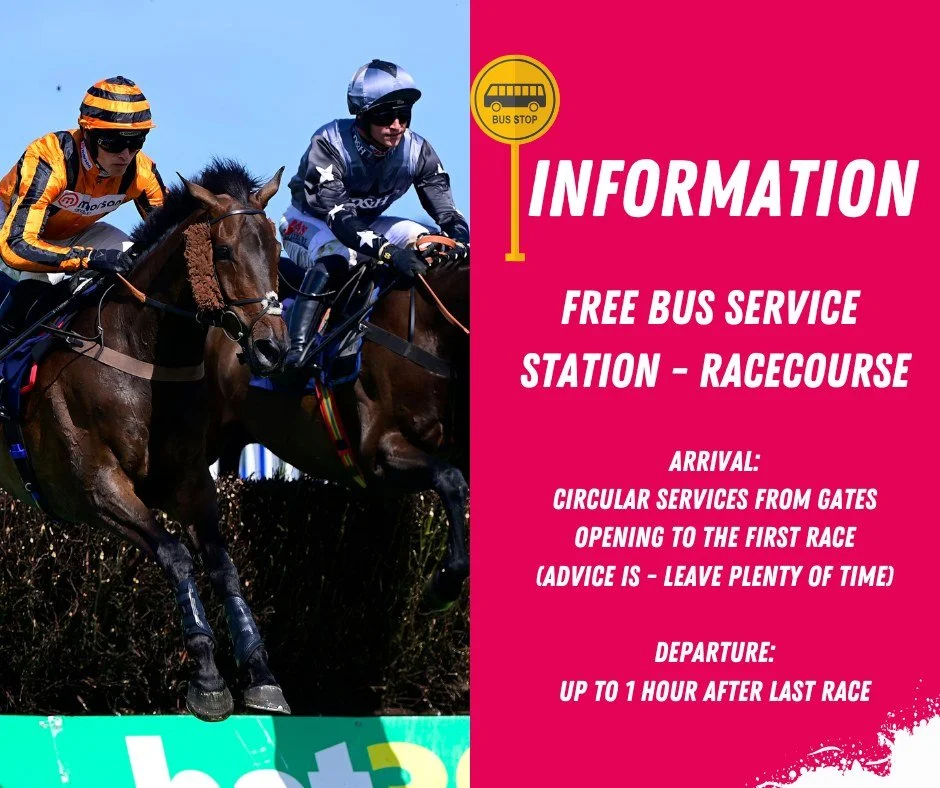 FREE shuttle bus service runs between Newton Abbot Train Station and the racecourse from gates opening at 3.35pm until the first race and then for one hour after the last race which is at 8.50pm. 

Please note that the bus runs in a loop between the 