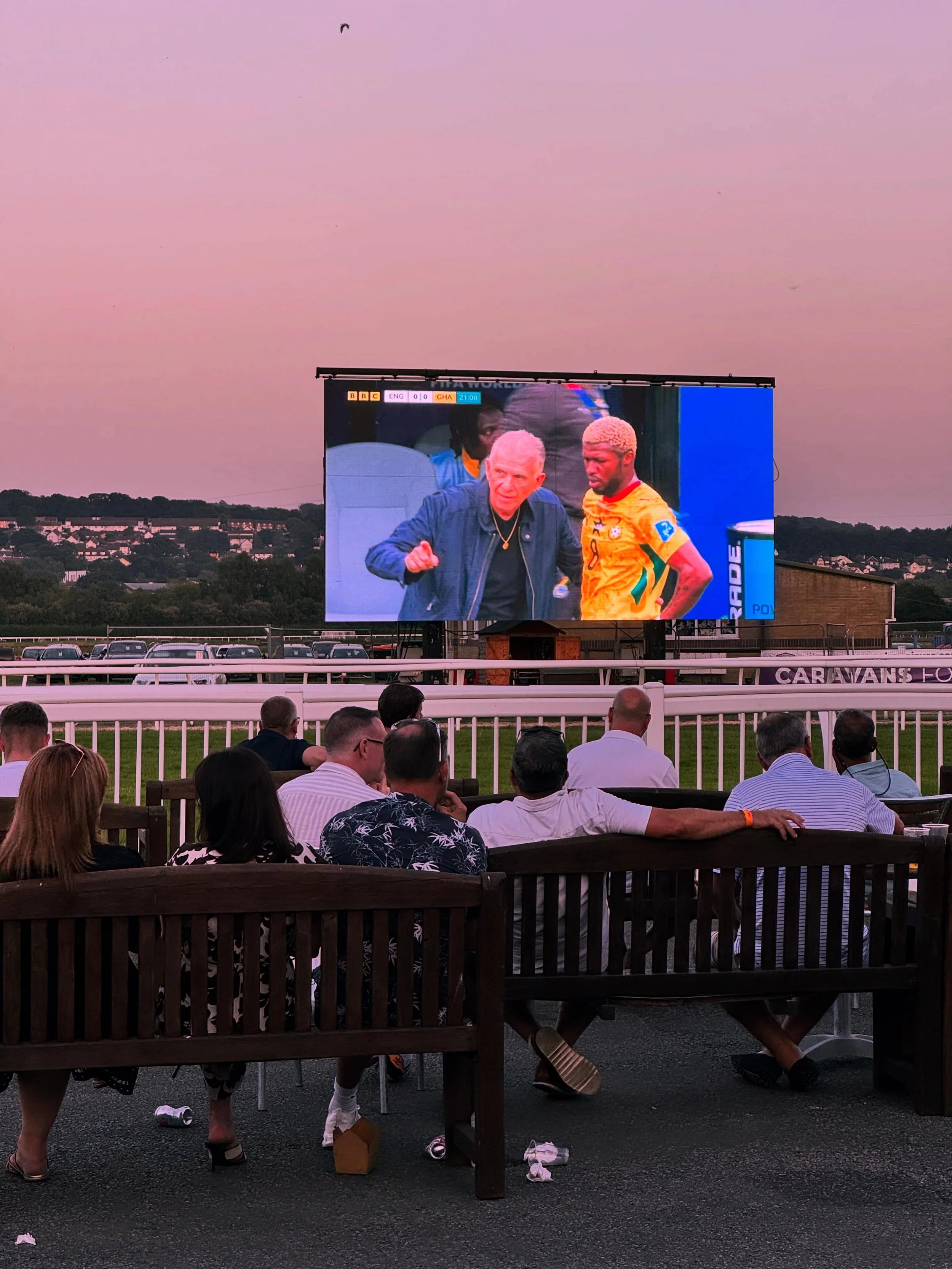 We&rsquo;ve never shown the football on our Big Screen. Last Tuesday as the sun went down we swapped from racing to football. 

At 9 on the dot the screen switched in time for kick off. Hundreds of people stayed to watch, sitting on our benches or in