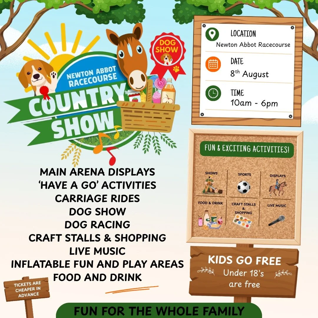 JUST 3 WEEKS TO GO - BOOK NOW AND SAVE

Everyone is talking about the Country Show but have you booked your tickets yet?

Children go FREE and adult tickets are only &pound;8 online.

📅 Saturday 8th August
📍 Newton Abbot Racecourse
🎟 Book now befo