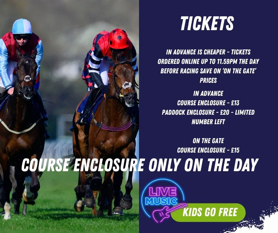 🎉Here's some information if you're planning your visit to us tomorrow - please note that we will only have COURSE ENCLOSURE tickets available on the gate tomorrow (see earlier post)

✅Gates open at 11.55am. First Race 1.55pm. Last race 4.52pm
✅FREE 