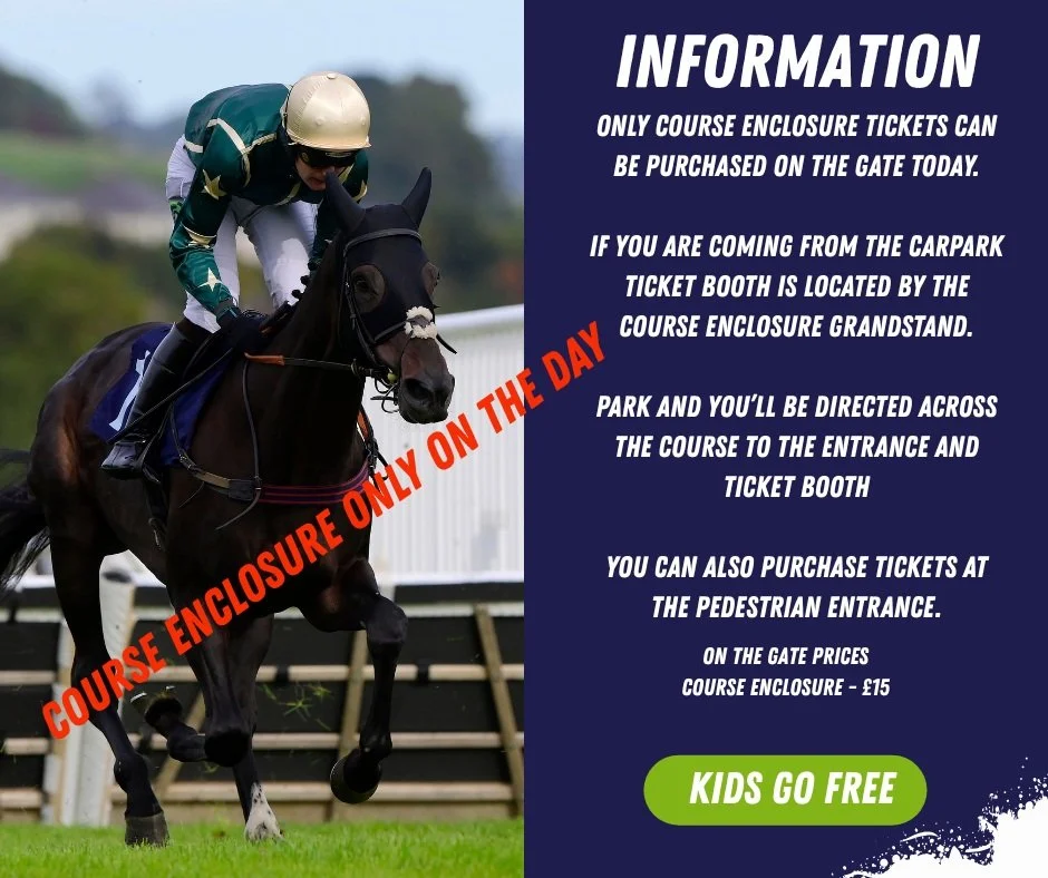 🎉Happy Raceday! It's good to be back!🎉

❗A reminder that COURSE ENCLOSURE ONLY tickets will be available to purchase on the gate today for &pound;15, kids go FREE.

We have added extra food and drink outlets and amenities to the Course Enclosure to