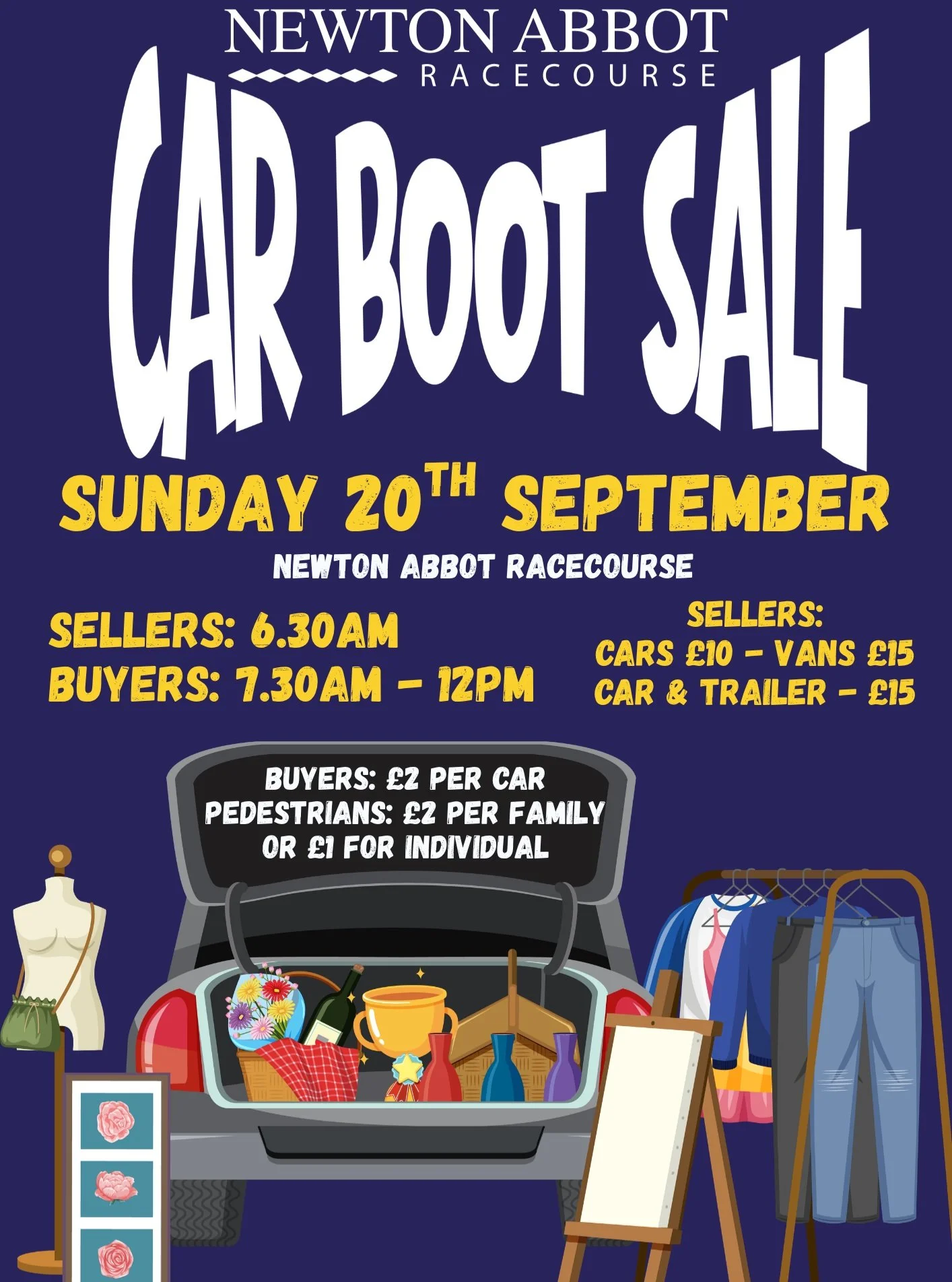 🎉The news you've all been waiting for - the next Car Boot Sale date!

📆Sunday 20th September
📍Newton Abbot Racecourse
⏰Sellers 6.30am - Buyers 7.30am
💷Cars &pound;10/Vans &pound;15/Car &amp; Trailer &pound;15

No need to book just turn up on the 