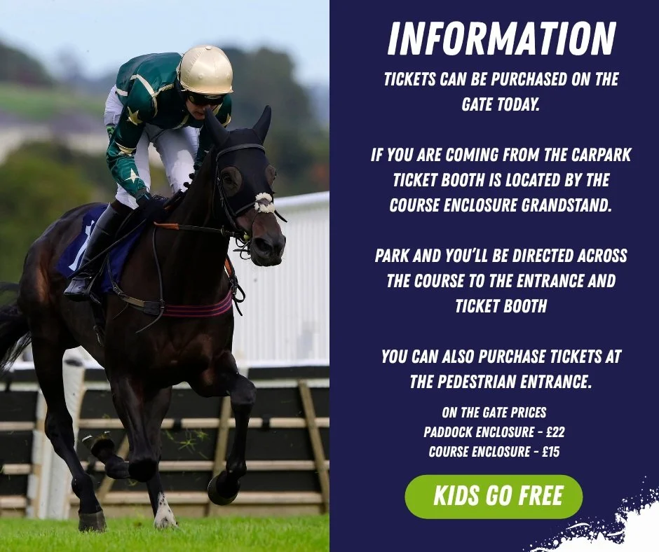 🎉Don't forget that you can buy tickets on the gate - both Paddock and Course enclosure tickets are available today. 

✅Gates open at 2.42pm so there is plenty of time to get something to eat at one of our outlets before the first race at 4.42pm.

👀