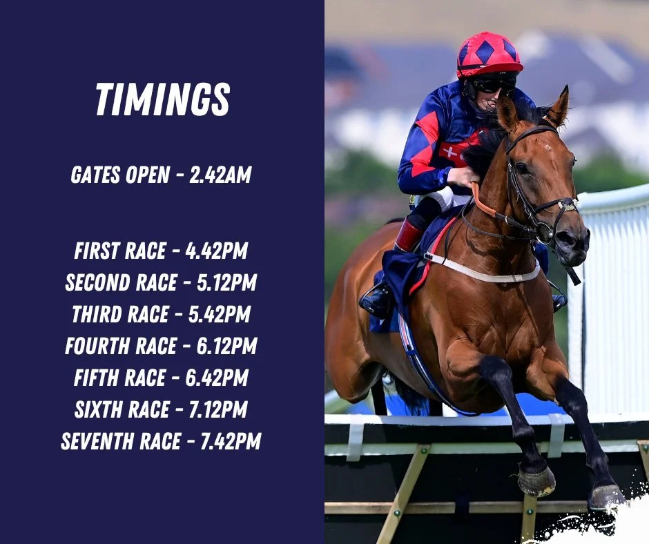 🏇 RACE TIMES &ndash; DON'T MISS THE OFF! ⏰

We're racing tonight! 🪩🎤

Make sure you check the race times below and plan your evening so you don't miss a moment of the action.

🏇 7 exciting races
🕐 Check the times below
🎤 Then stay with us after