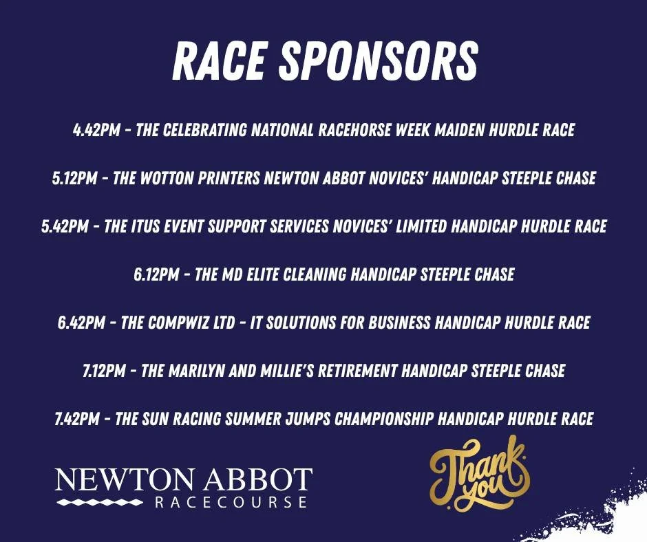 👏 A BIG THANK YOU TO TONIGHT'S SPONSORS! 👏

We'd like to say a huge thank you to all of our fantastic sponsors supporting tonight's fixture. 🏇

Your support helps us put on brilliant racing and special events like our ABBA Themed Evening, and we r