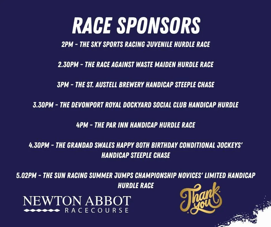 👏 A BIG THANK YOU TO TODAY'S SPONSORS! 👏

We'd like to say a huge thank you to all of our fantastic sponsors supporting the fixture today. 🏇