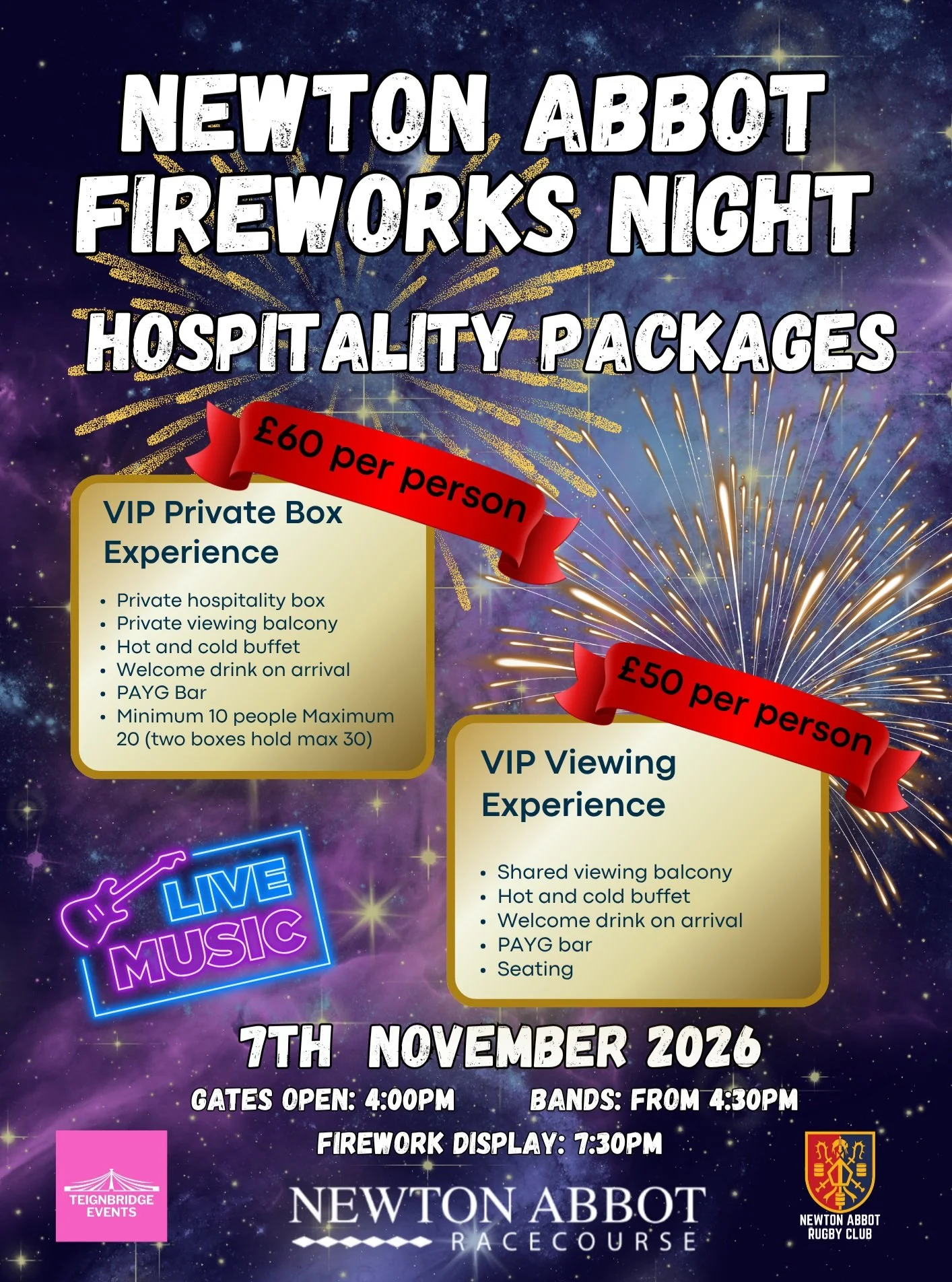 🎆 NEWTON ABBOT FIREWORKS NIGHT &ndash; TICKETS ON SALE! 🎆

Get ready for a spectacular night at Newton Abbot Racecourse on Saturday 7th November, in conjunction with Newton Abbot Rugby Club and Teignbridge Events.

🌌 A Galaxy Far, Far Away&hellip;