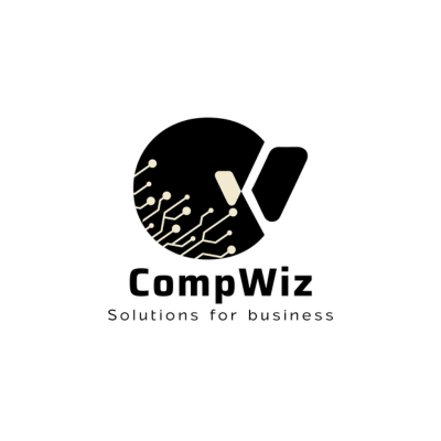 CompWiz logo featuring a stylized black circle with circuit-like patterns and an abstract 'X' shape, with the text 'CompWiz' and the tagline 'Solutions for business' underneath.
