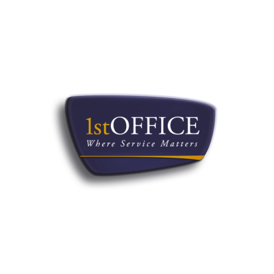 Logo of 1st Office with the tagline 'Where Service Matters' on a dark blue background.
