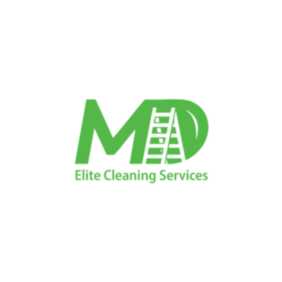 Logo for Elite Cleaning Services with the initials 'M' and 'D' in green, incorporating a ladder design.