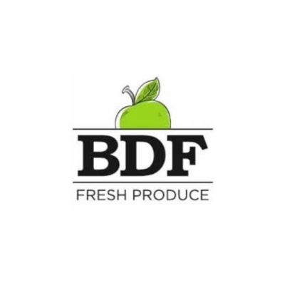Logo for BDF Fresh Produce featuring a green apple with leaf design above bold black text.