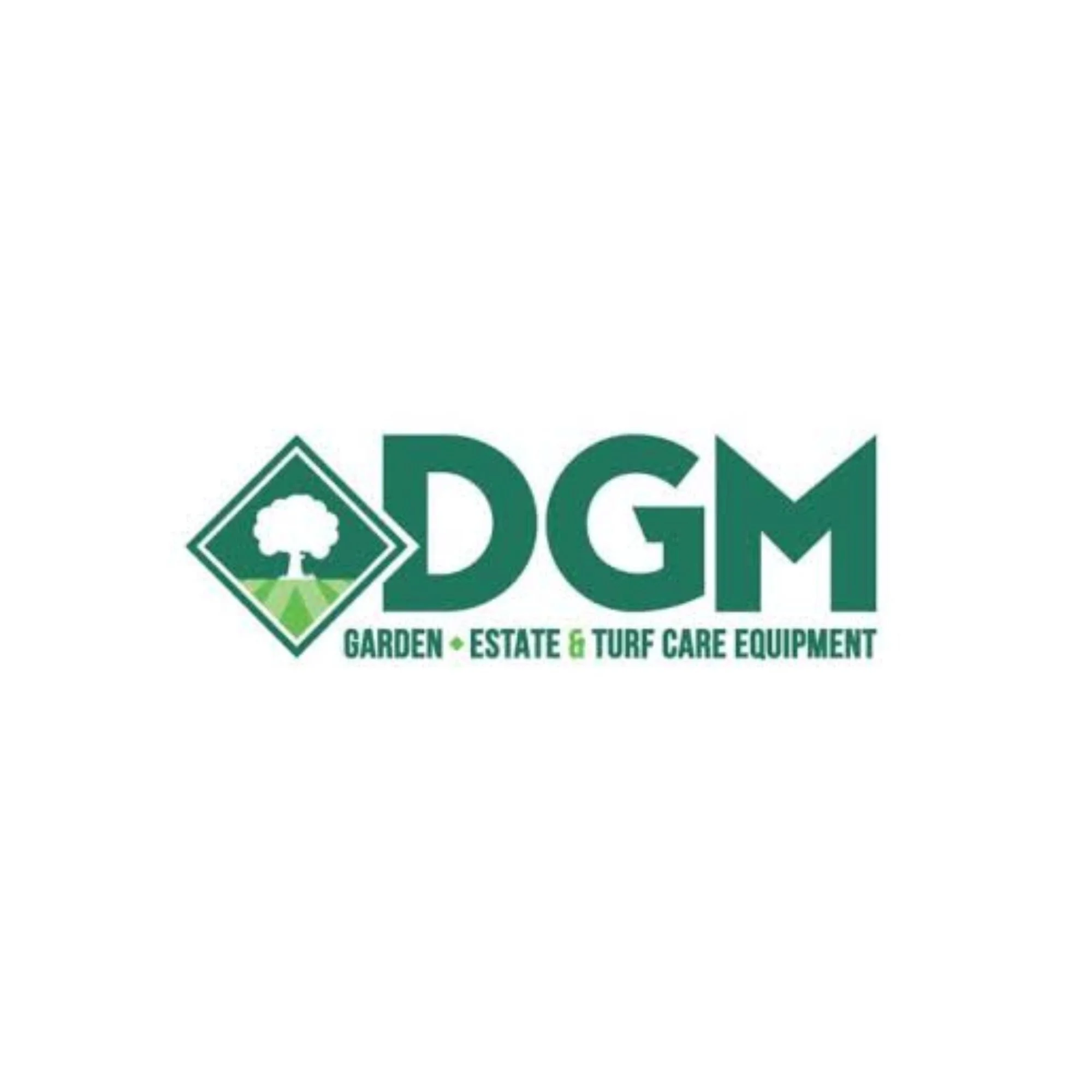 Logo for DGM Garden, Estate & Turf Care Equipment featuring a tree inside a diamond shape, with green and white color scheme and text underneath.