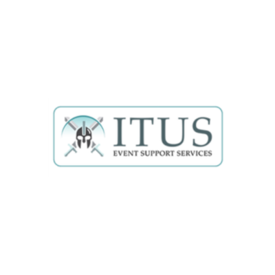 ITUS Event Support Services logo featuring a stylized headset with crossed tools, company name, and tagline.