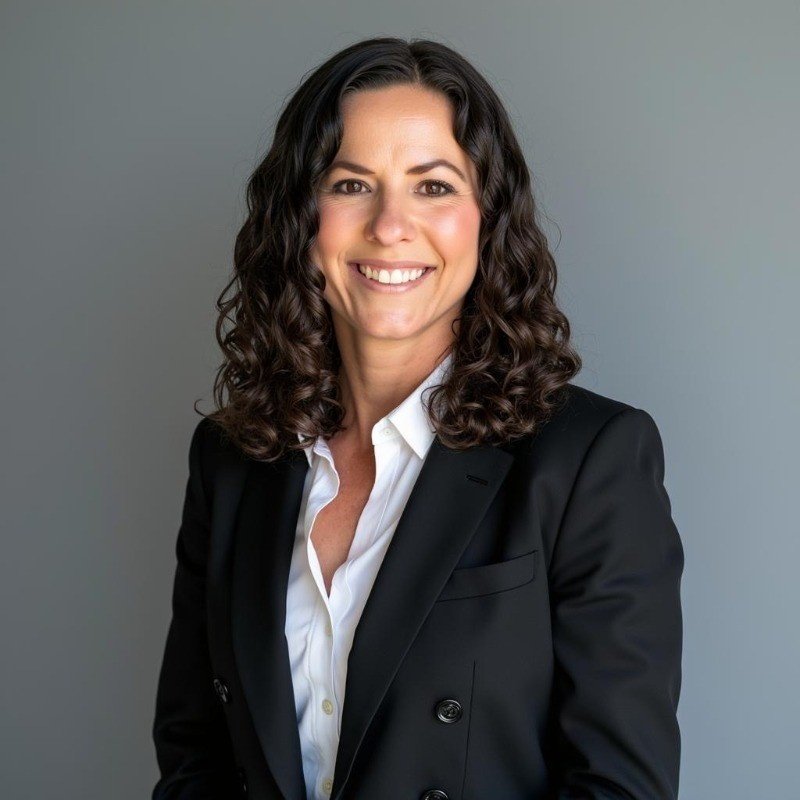 Professional woman with dark curly hair smiling in a black blazer and white shirt against a plain gray background.
