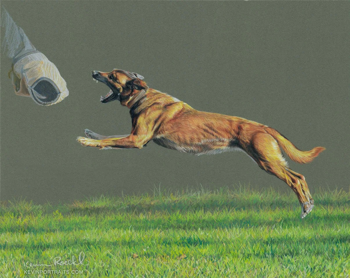 A painting of a brown dog jumping in the air, catching a gray rolling object with its mouth, on a grassy field.