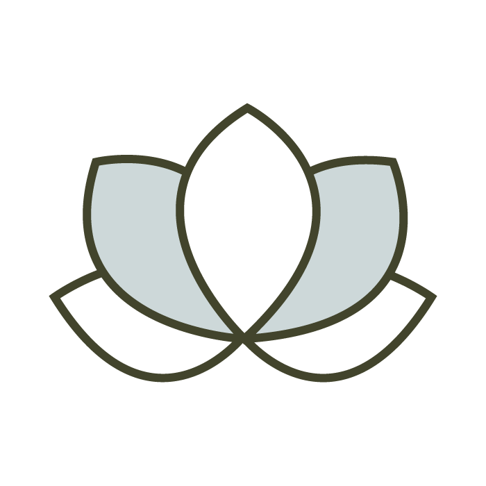 Simplified graphic of a lotus flower with outlined petals in shades of gray and light blue.