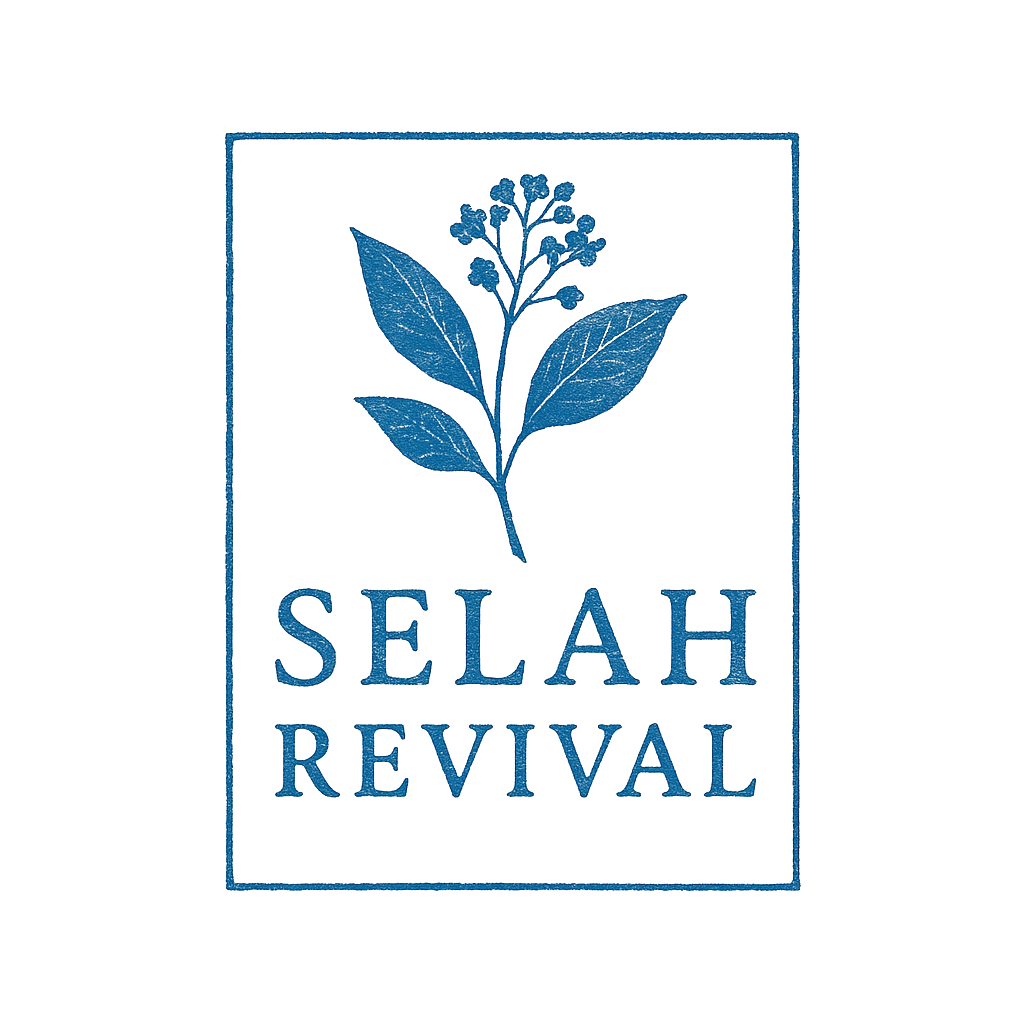 Stacked Selah Revival logo with botanical in blue