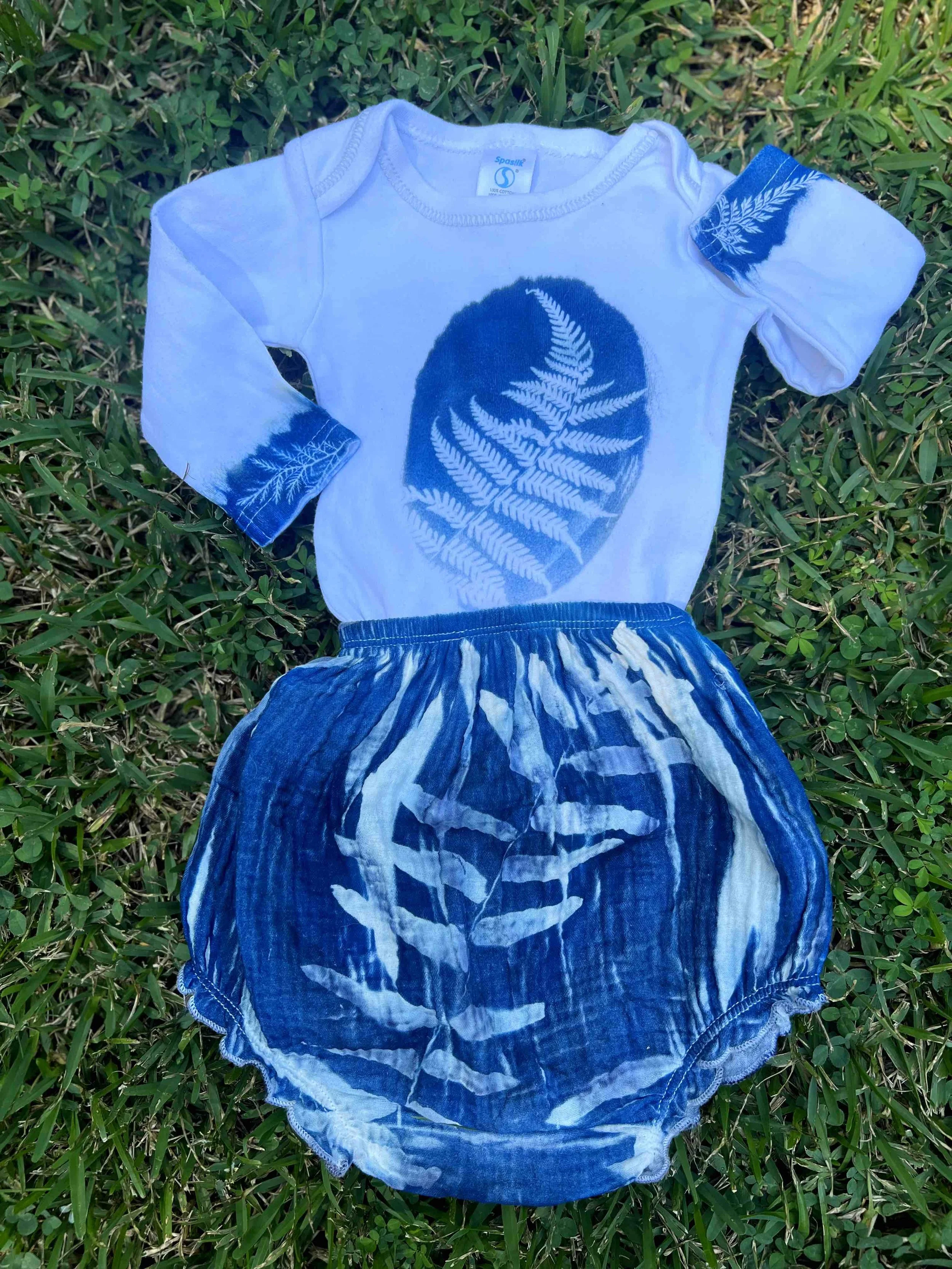 Cyanotype blue and white longsleeve onesie with bubble shorts