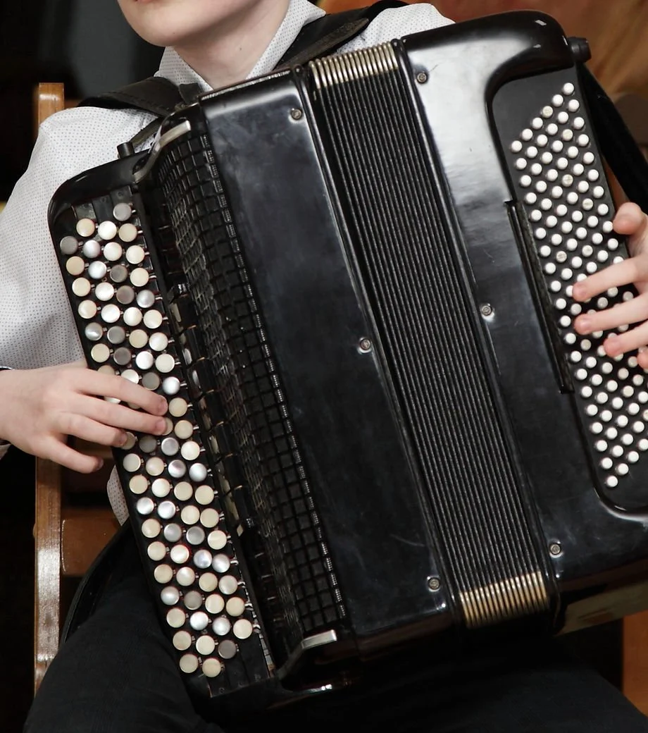 Persona che suona una fisarmonica nera con bottoni bianchi