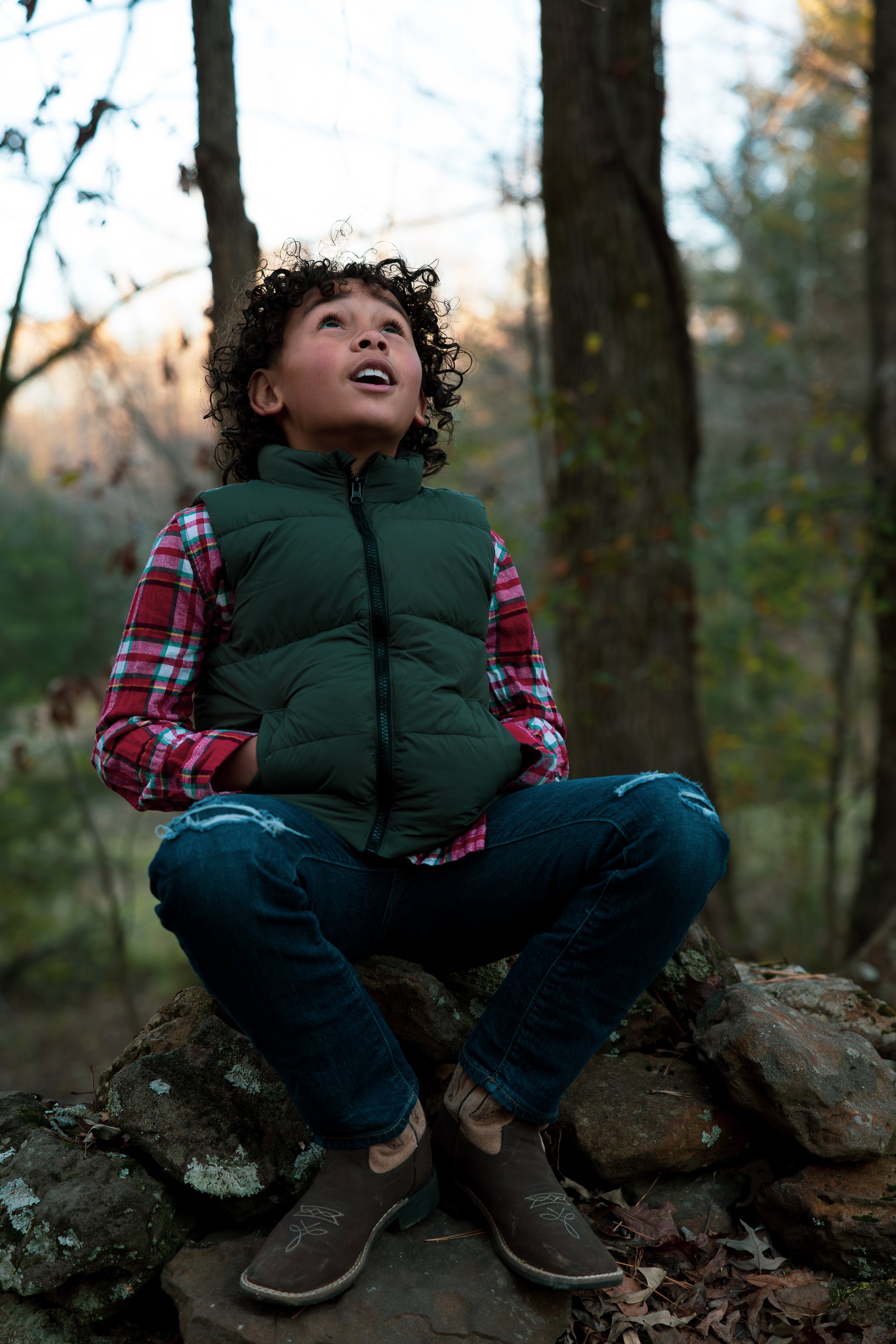 A young boy with curly hair, sitting on a rock in a forest, looking upwards with a thoughtful expression, wearing a green puffy vest, red plaid shirt, ripped jeans, and brown boots.