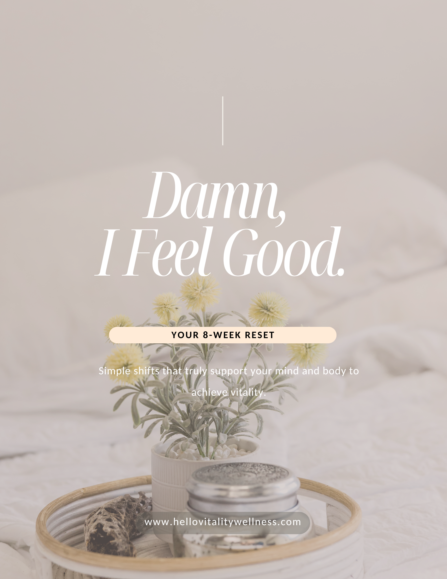 photo of overlay text stating damn, I feel good. with a calming neutral photo of flowers in behind.