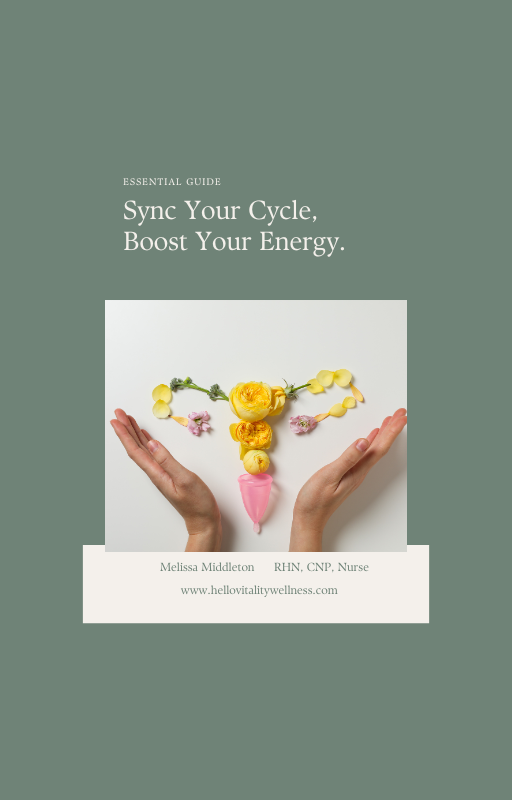 womens hands outlining flowers in the shape of a uterus with the title reading sync your cycle boost your energy. a guidebook cover by hellovitalitywellness for cycle syncing
