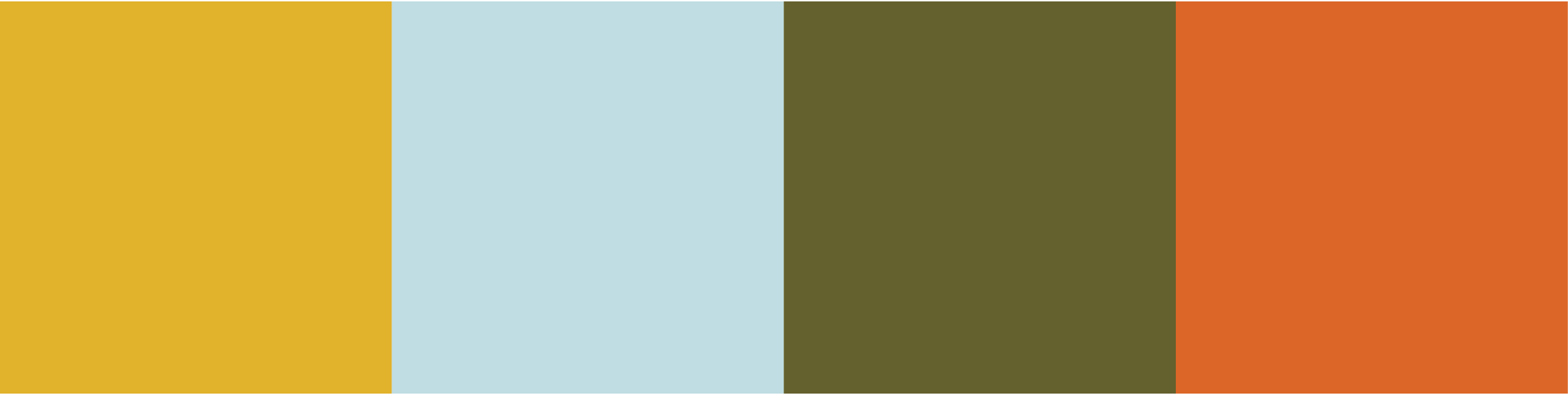 Color palette with five vertical color blocks: mustard yellow, pale blue, olive green, forest green, and burnt orange.