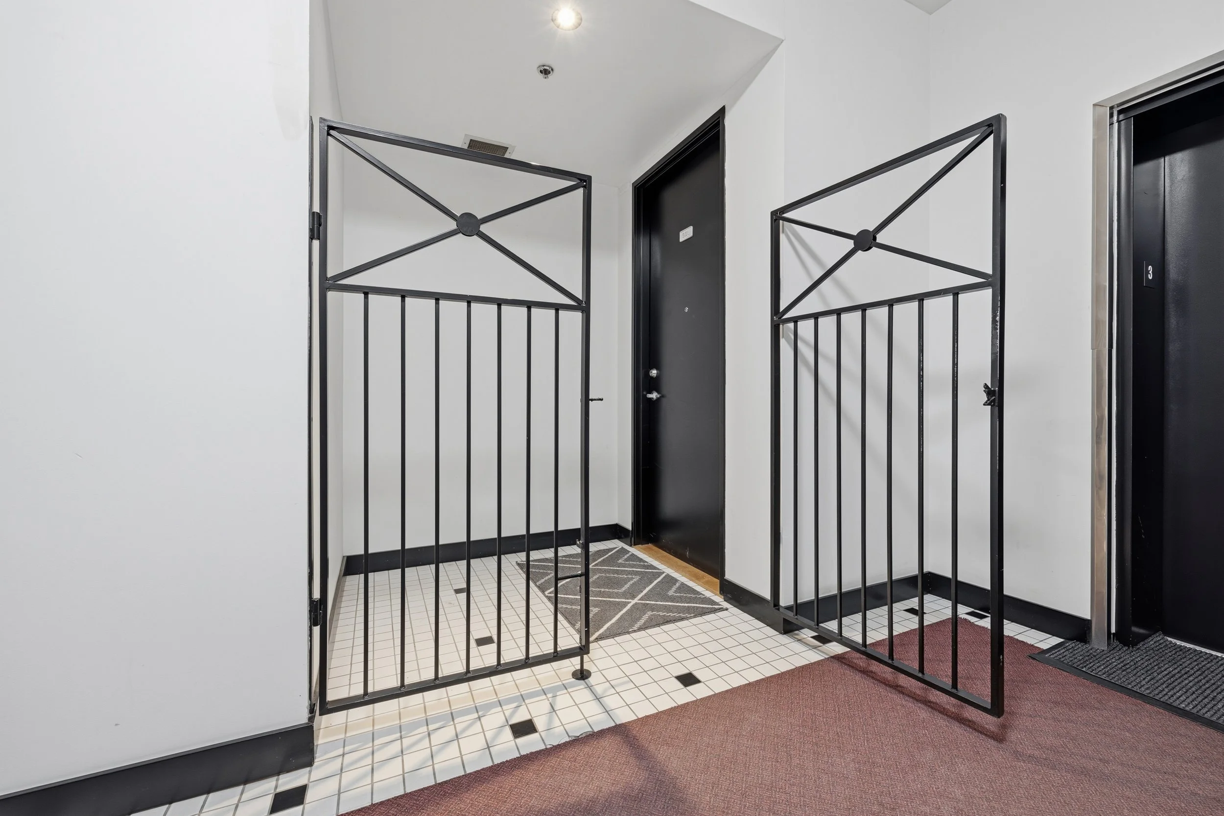 Indoor area with two black metal gates, black door with a number 2, elevator door with number 3, and tiled floor with a patterned rug. White walls and a ceiling with a small light and smoke detector.