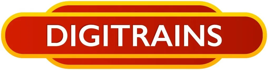 Logo with red background, yellow border, and the word 'DIGITRAINS' in white capital letters.