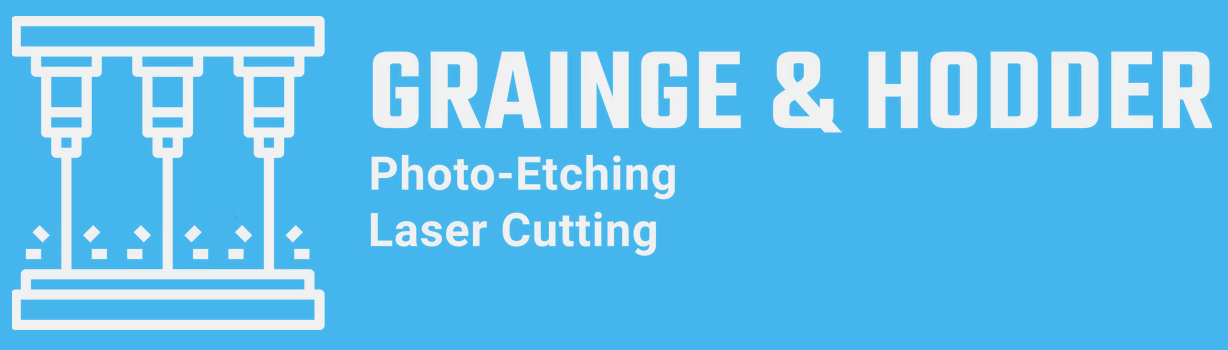 Blue banner with white text and graphics promoting Grainge & Hodder, specializing in photo-etching and laser cutting, featuring an illustration of three spray paint nozzles.