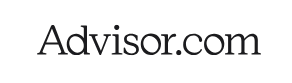 Logo of Advisor.com with black background and white text