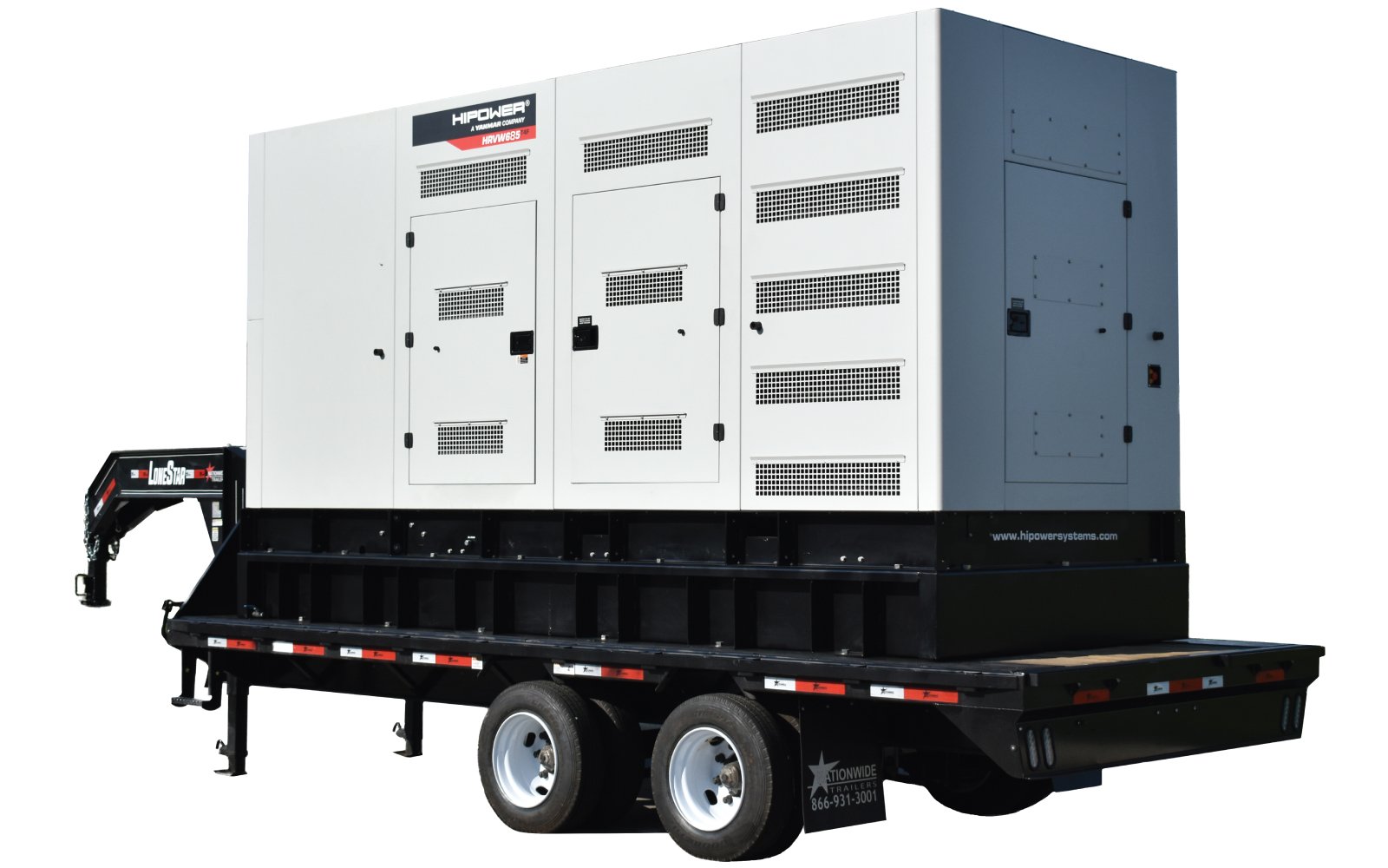 Portable industrial generator mounted on a black trailer with white wheels