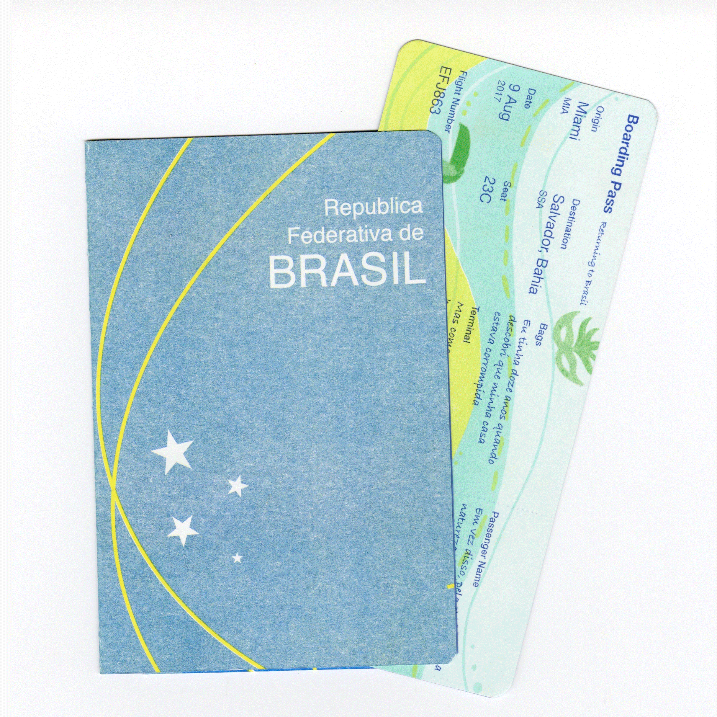 Vou Lembrar Para Ou Sol, 2025
A Risograph boarding pass and passport meant to capture my love for my vibrant home country as well as the disconenct I feel towards it and its harships.