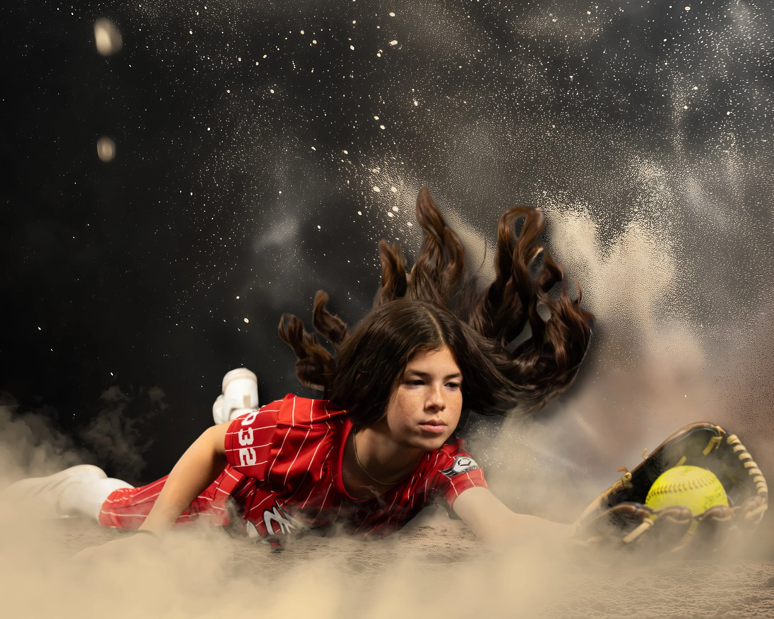 A girl in a red sports uniform lying on the ground with a baseball glove and ball, as if diving to catch a ball during a game, with her hair flowing upward and dust or dirt around her.
