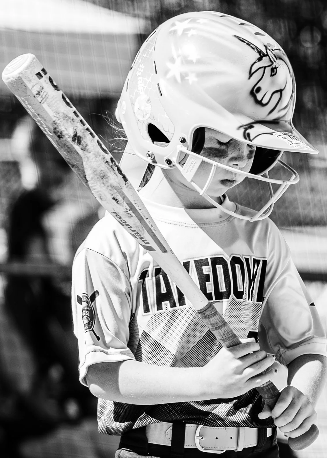 Young baseball player in helmet holding a bat in a sports field.